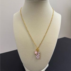 Trendy 18” Pink Star & Checkerboard Gold Plated Stainless Steel Chain Necklace